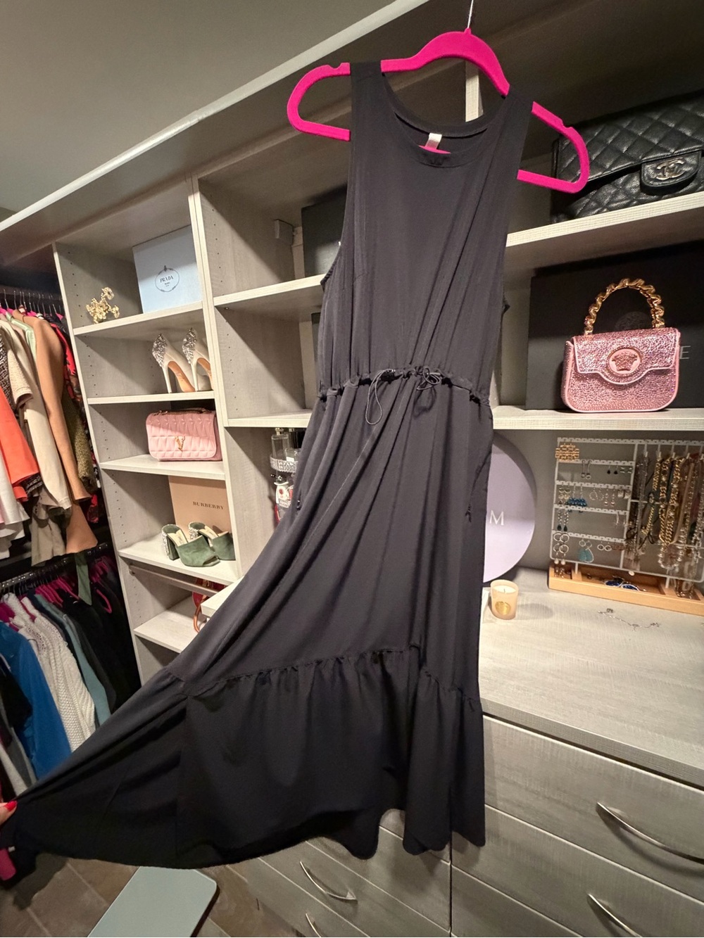 Classic Black Sleeveless Drawstring Waist Maxi Dress